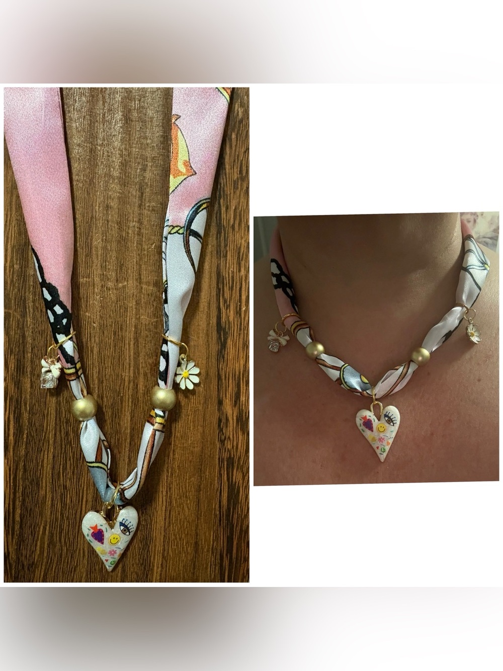 Pink  Silky tie Necklace with Heart Pendant and charms
